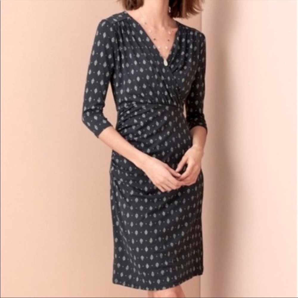 Garnet Hill Ruched Surplice Knit Dress Navy Blue White Size Medium